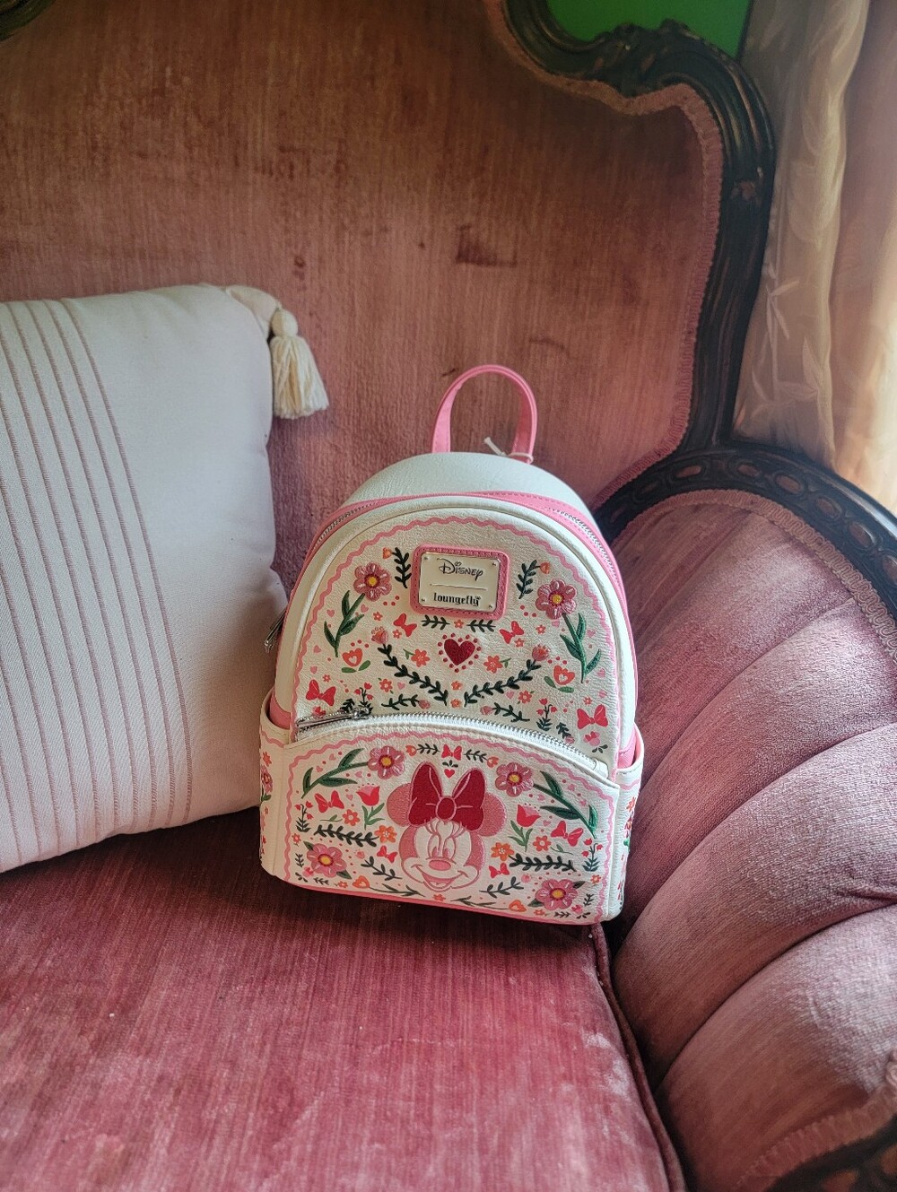 Loungefly White & Pink Minnie Mouse Floral Mini Backpack